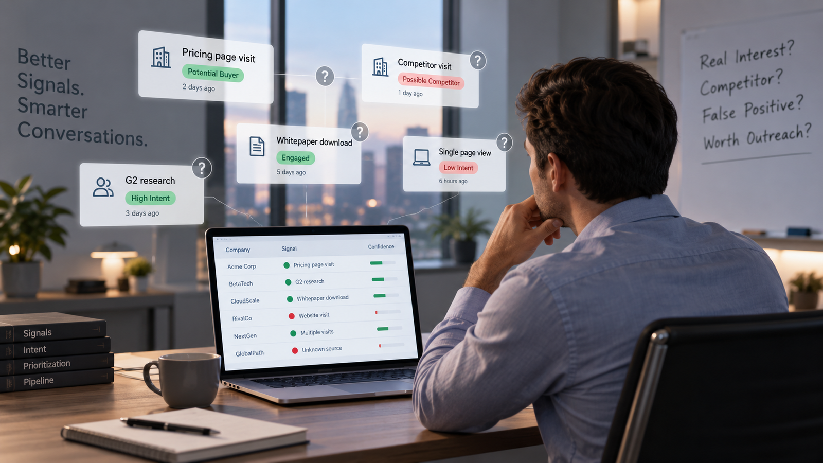 Sales professional reviewing multiple buying signals and their confidence levels