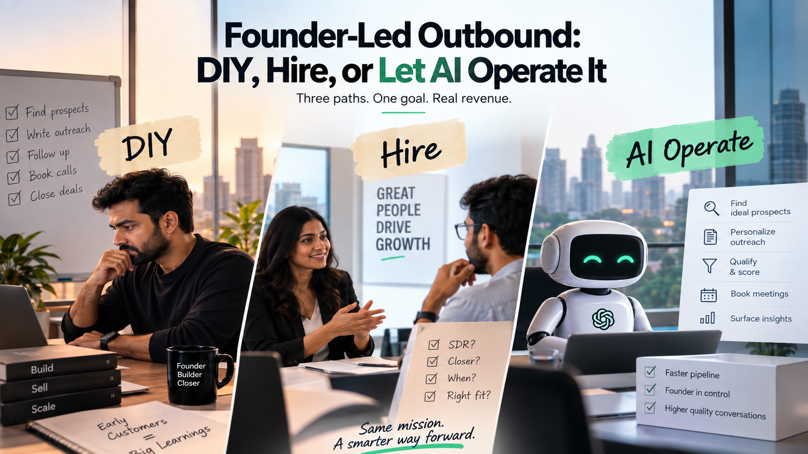 Founder-led outbound options: DIY, hiring, or an AI-operated qualification layer