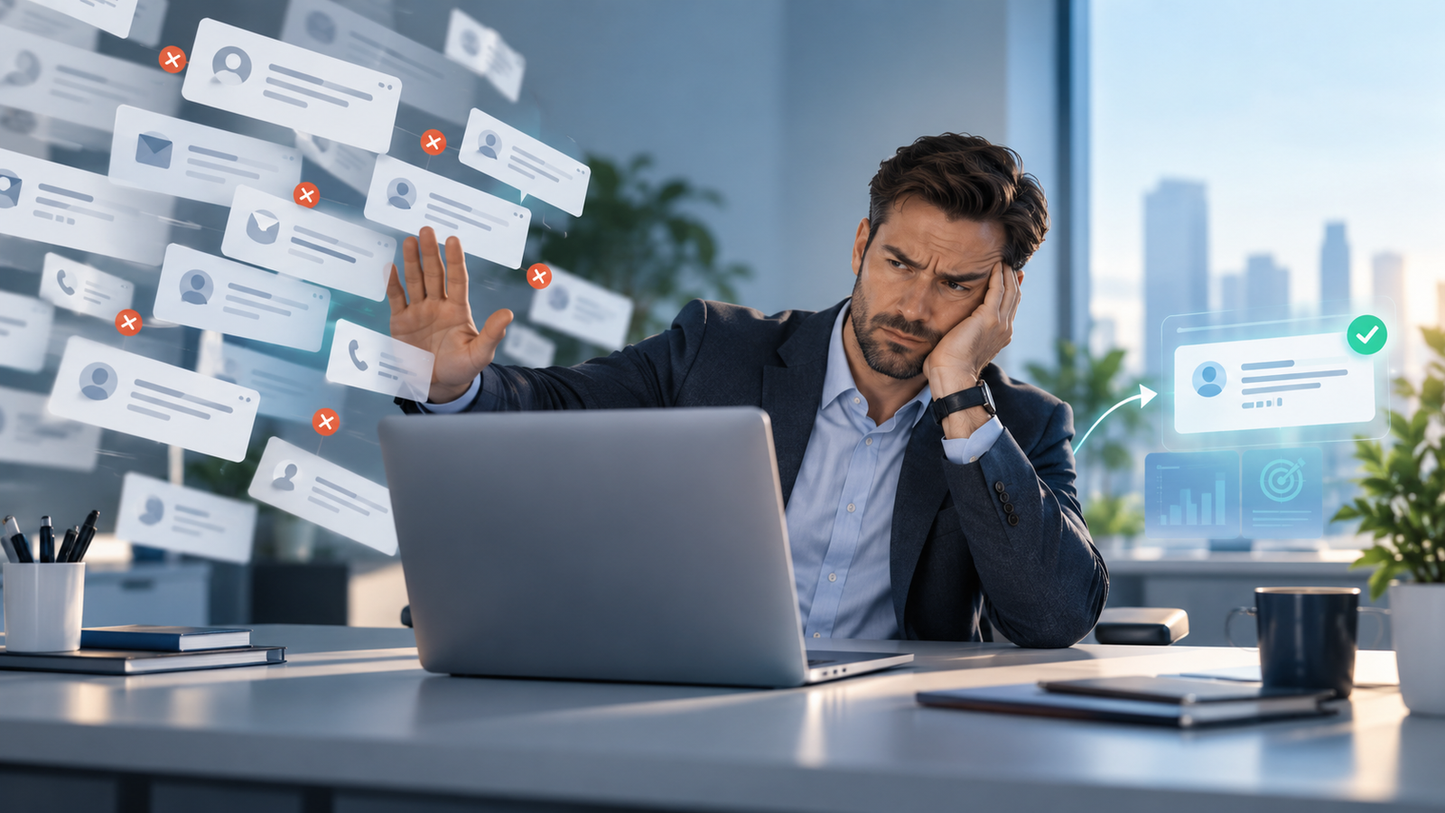 B2B professional rejecting irrelevant outreach and focusing on a qualified prospect