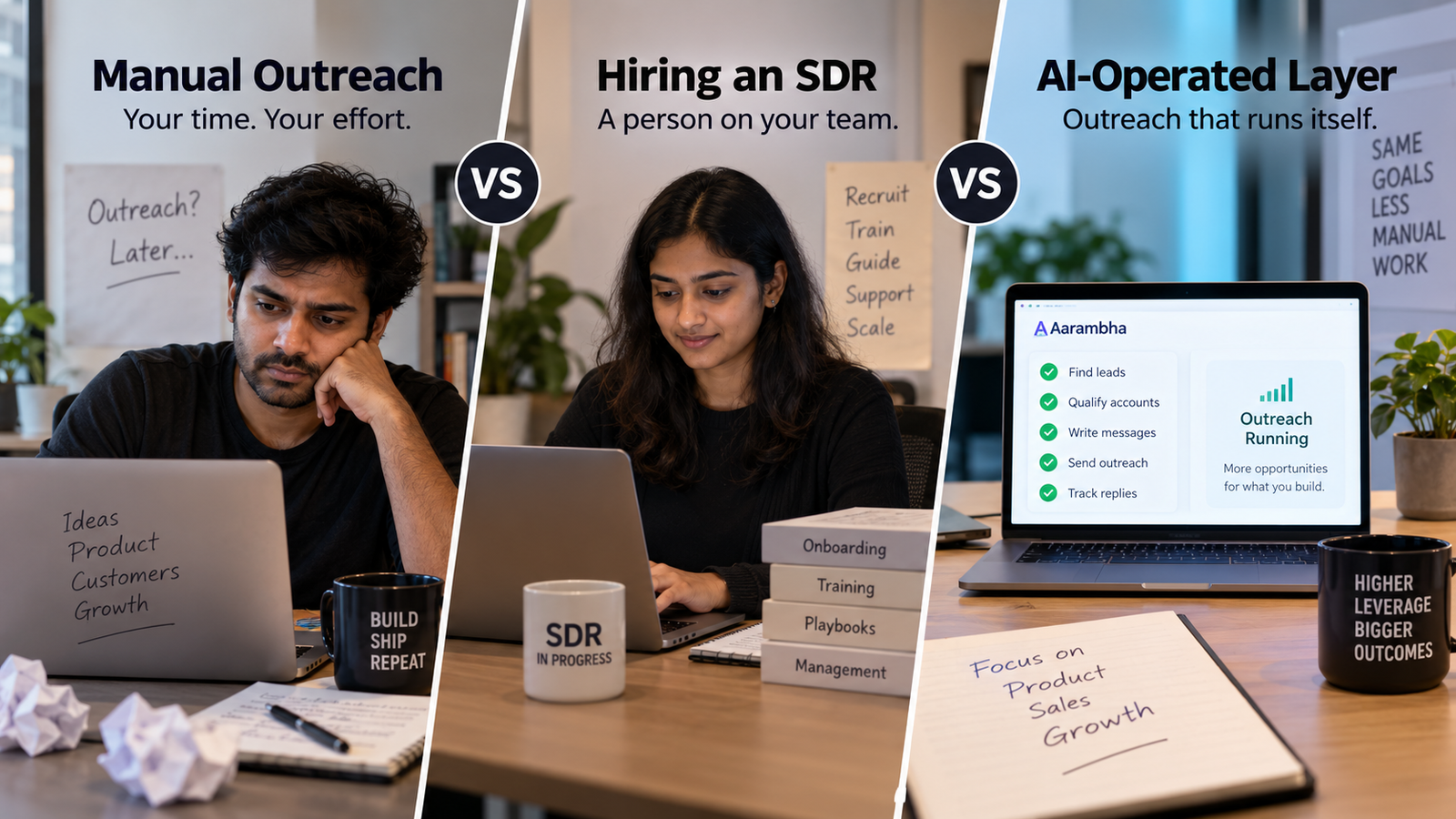 Manual outreach versus hiring an SDR versus an AI-operated outreach layer