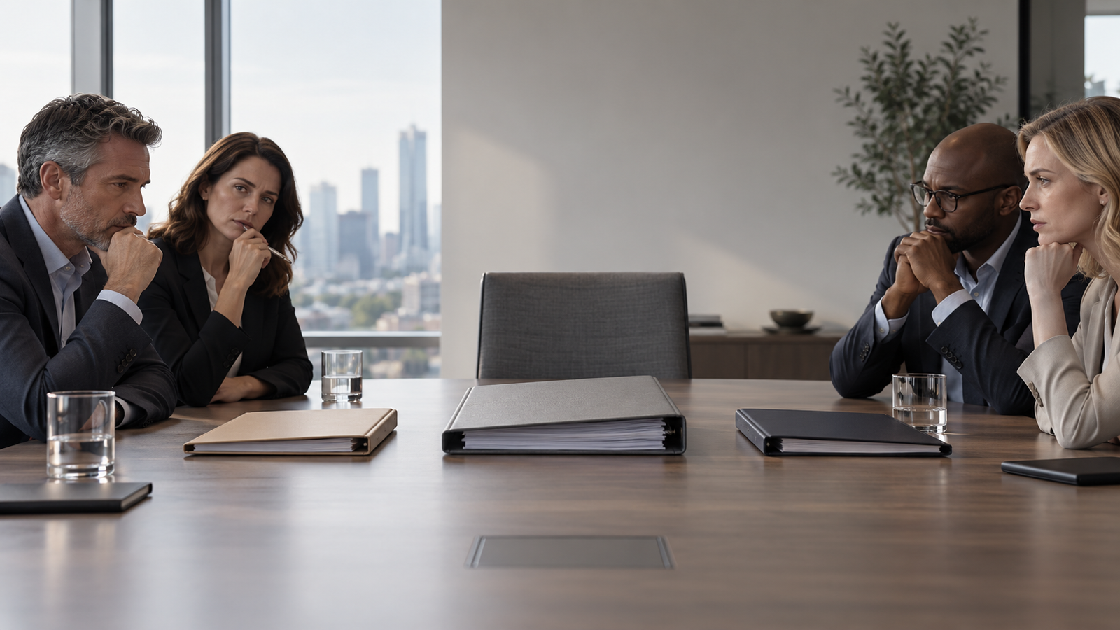 Business leaders weighing a difficult decision around a conference table