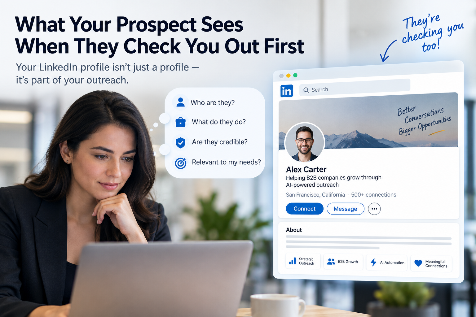 Professional checking a sender’s LinkedIn profile before deciding whether to reply