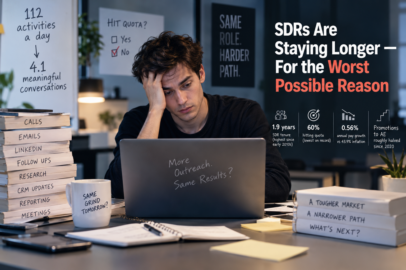 SDR at a desk surrounded by activity, quota, tenure, pay growth, and promotion statistics